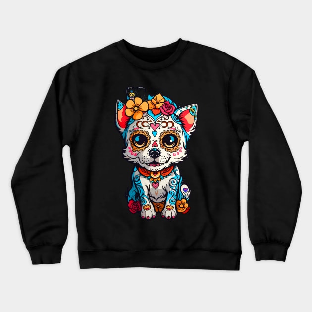 Dog Sugar Skull Halloween Crewneck Sweatshirt by CatCoconut-Art